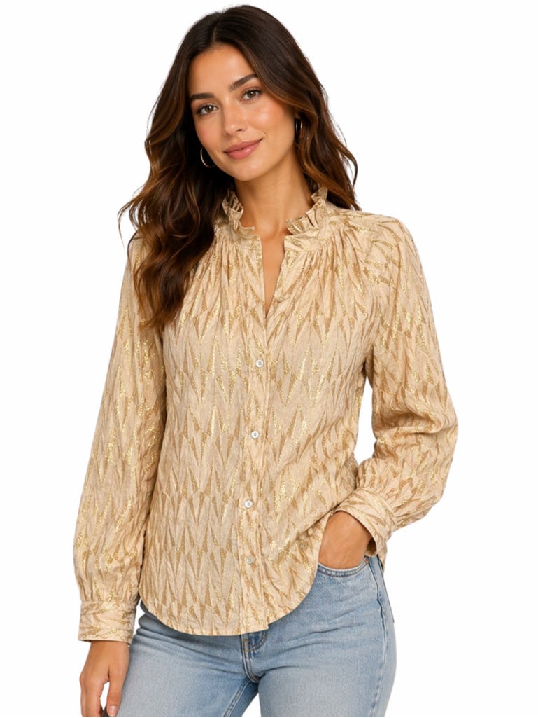 Nwt Laroque Perry Top Gold Print Blouse Ruffle Collar Luxury Button Down Sz M